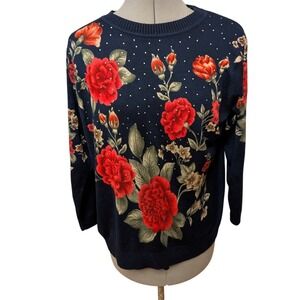 C.D. Daniels Floral Embellished Sweater Red Roses Rhinestones Women's‎ 1X